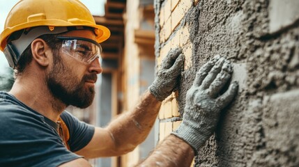 A close-up of a bricklayer in a hard hat and safety glasses, carefully laying bricks with mortar on a wall, Masonry work site scene