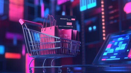 Shopping bags in a cart with a credit card resting on a laptop, representing e-commerce and online shopping trends, with sales data on the screen indicating growth and digital transactions