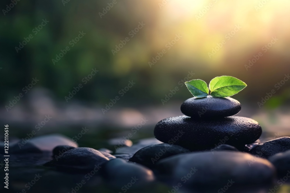 Poster a tranquil leaf rests on a stack of smooth stones, illuminated by soft light, surrounded by blurred 