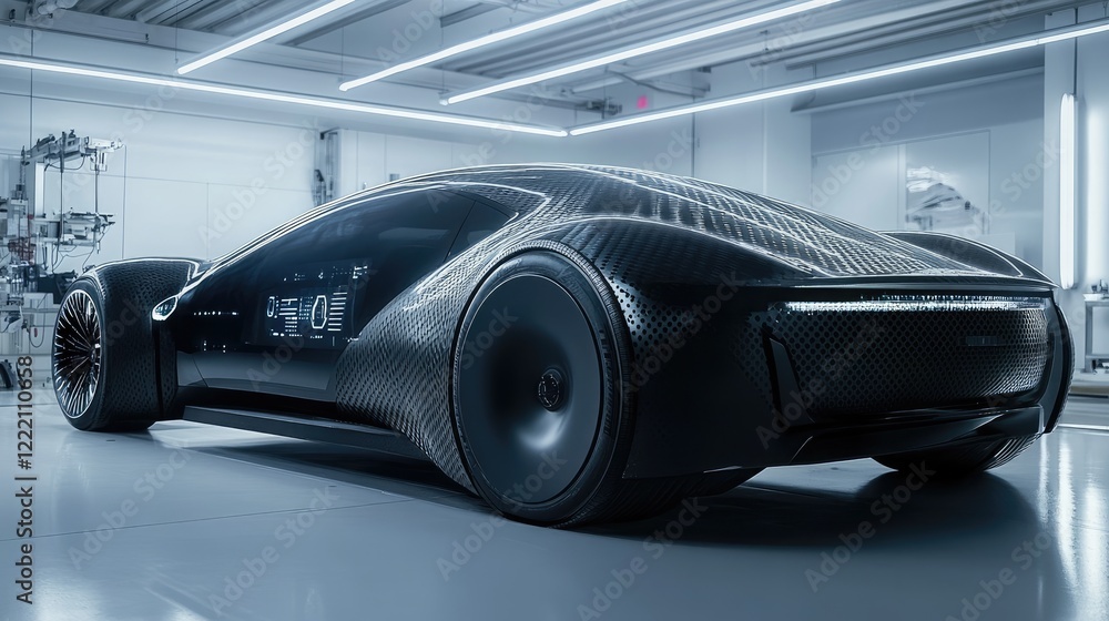 Poster sleek carbon fiber electric vehicle chassis in a high-tech lab, illuminated by soft white lighting, 