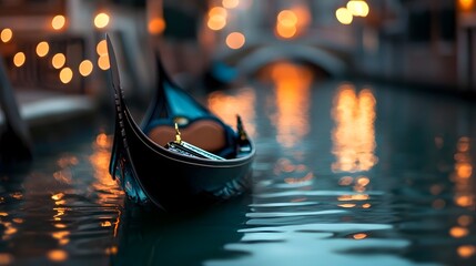 Fototapeta premium Romantic luxury gondola ride through the iconic illuminated canals of Venice Italy at dusk Serene tranquil and atmospheric water transportation through the historic city