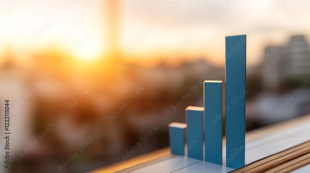Poster a close-up view of a blue bar graph sharply rising with the soft glow of sunrise in the background, 