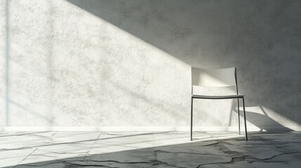 Sunlight casting geometric shadows from a metallic chair onto a cracked surface, with the interplay of light and shadow creating a minimalist effect, perfect for modern design