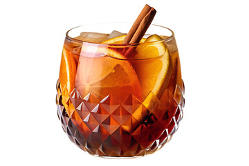 crystal glass with cinnamon and orange slices and fruit, isolated on white background
