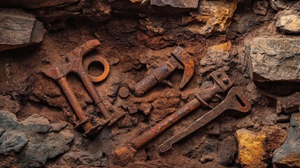 The interior of an old gold mine tunnel, showing rusted tools and rough stone walls, symbolizing the laborious process of gold extraction