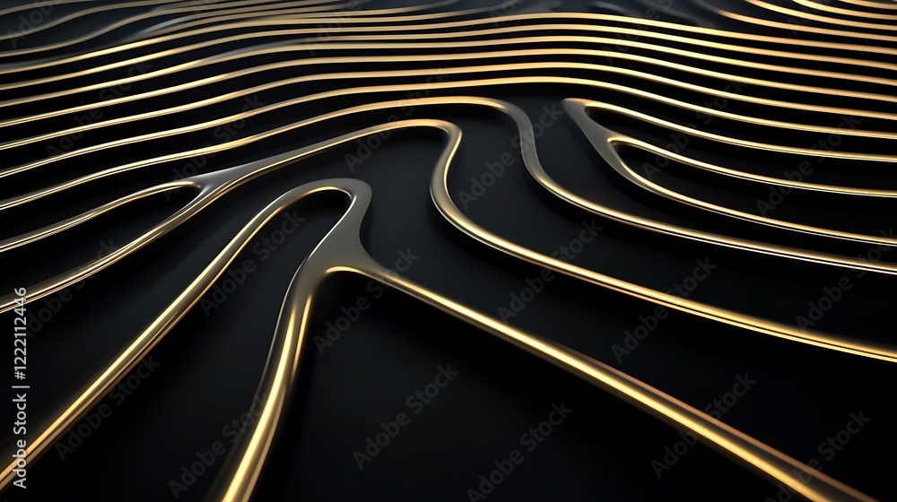 Poster abstract 3d representation of flowing gold lines on a black surface with smooth curves and wavy patt