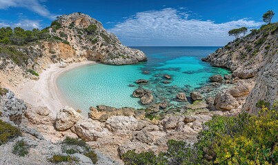 Obraz premium Secluded turquoise cove beach with rocks, cliffs, and vegetation on a sunny day, ideal for travel ads