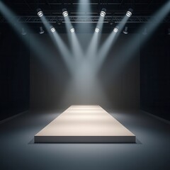 Obraz premium Empty Catwalk With Many Spotlights, Fashion Event, Runway Podium Stage