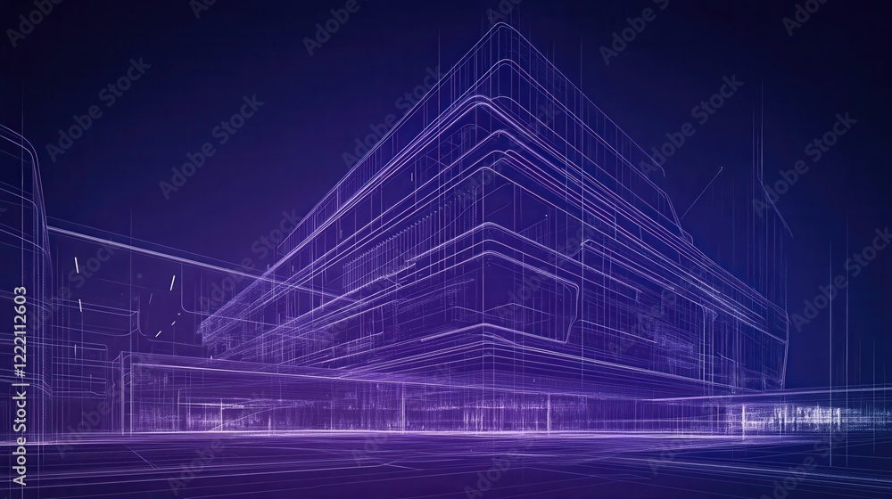 Poster futuristic architectural design with neon wireframe visualization