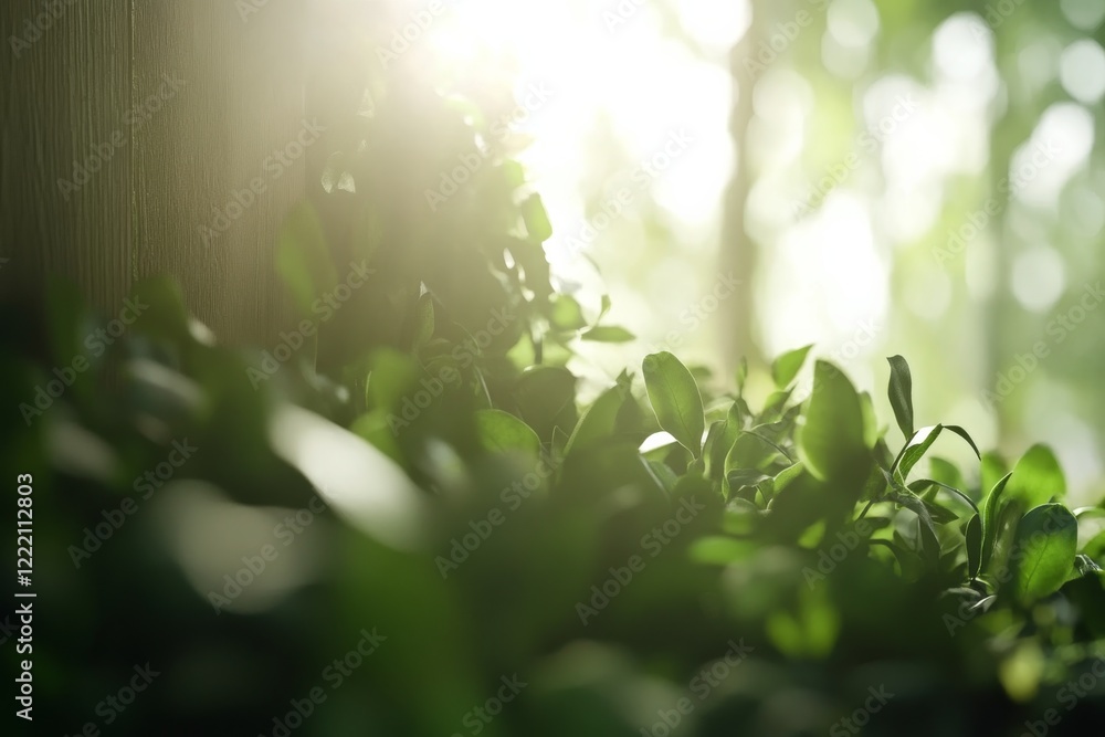 Poster sunlight streams through dense jungle foliage, illuminating a beautiful waterfall surrounded by vibr