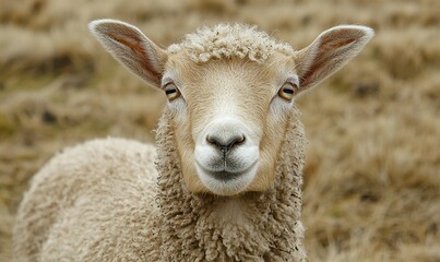 Obraz premium Sheep portrait in dry field, farm animal looking at camera