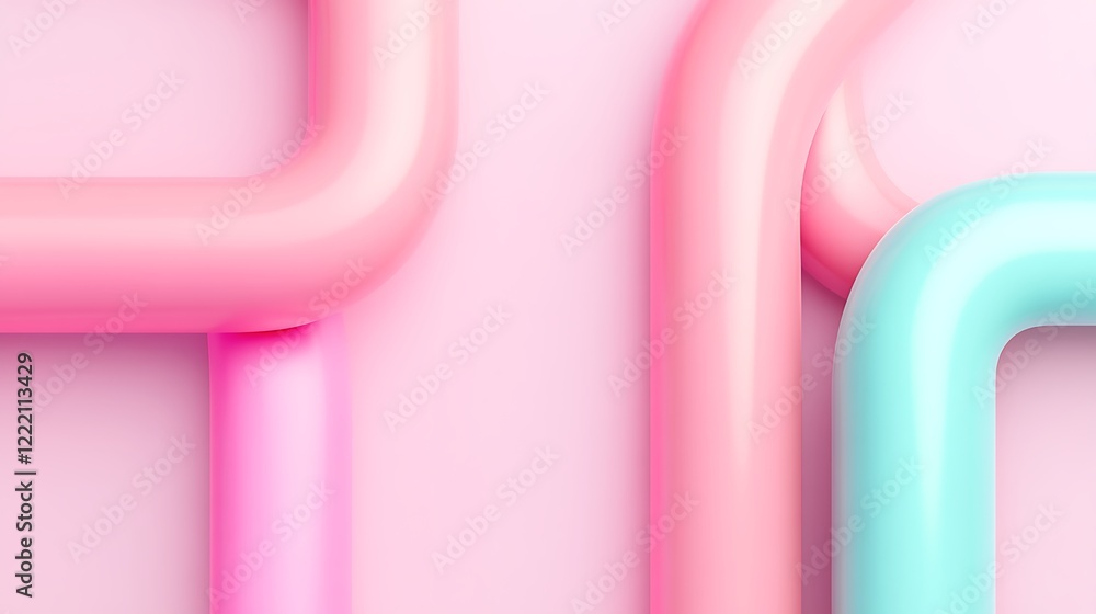 Poster abstract colorful pipes on soft pink background with stylized curves and smooth surfaces
