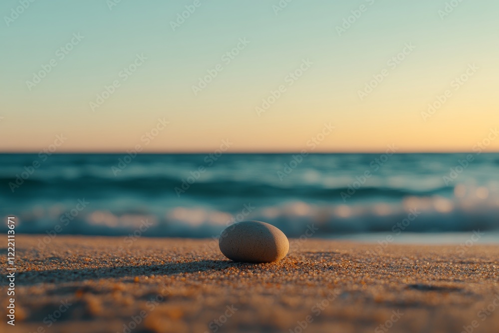 Aufkleber a single pebble rests on soft sand near the ocean while calm waves gently touch the shore, bathed in