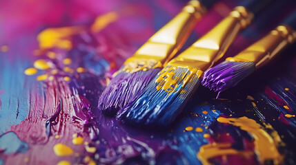 Fototapeta premium A close-up of yellow and purple paintbrushes resting on a wooden palette with splashes of colorful paint creating a harmonious artistic atmosphere 