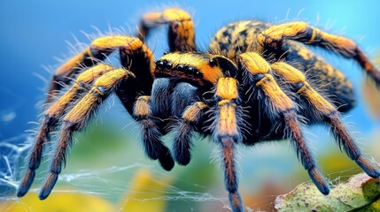 A large yellow-black spider with hairy legs sitting in a web. Scary colorful spider Argiope bruennichi waiting for its prey. A striped spider monster in a web with a blue sky in the background.
