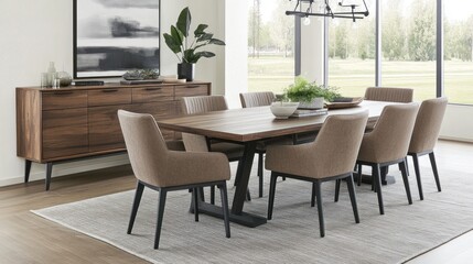 Modern dining room with wooden table, chairs, and sideboard.