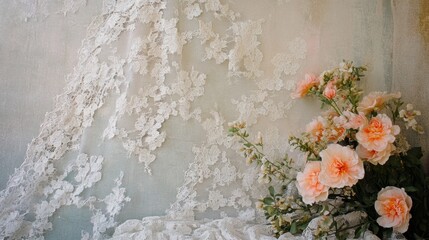 Vintage wallpaper featuring faded floral bouquets with delicate lace details in soft pastel shades