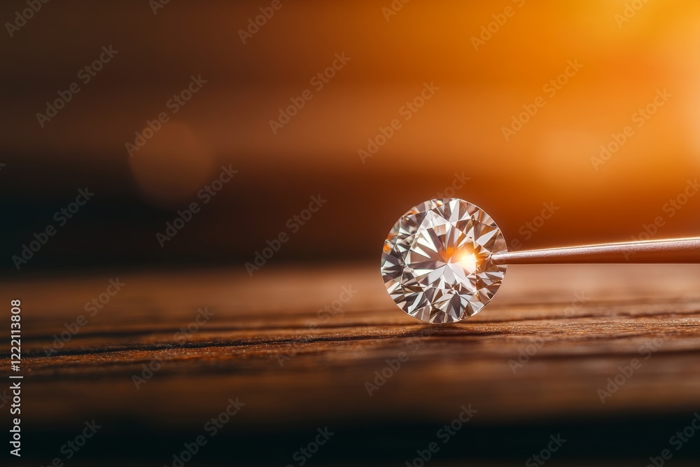 Poster a single diamond is carefully held by tweezers on a wooden surface, illuminated by warm, diffused li