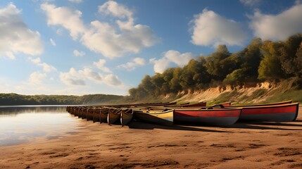 Fototapeta premium A group of canoes neatly lined up on a sandy riverbank surrounded by a scenic and tranquil natural landscape The calm waters reflect the serene environment