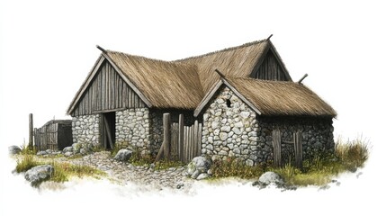 Fototapeta premium Traditional Stone House with Thatched Roof in Scenic Landscape