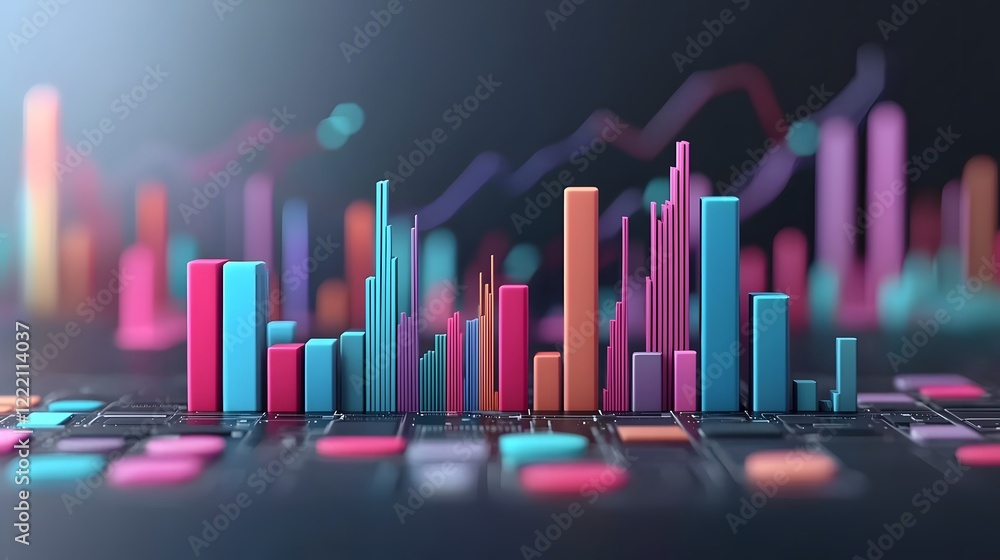 Poster vibrant and futuristic 3d of a cityscape with colorful data visualizations representing financial gr