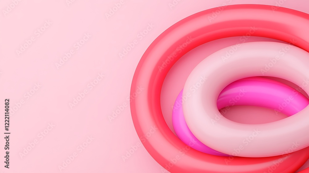 Poster abstract composition of intertwined colorful rings on a soft pink background for creative design pro