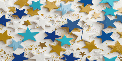 Fototapeta premium Colorful star modern greeting spotted confetti during holiday celebration template on white background. Concept for Studio shot, holiday celebration event vector illustration.