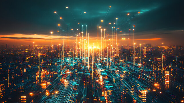 A futuristic cityscape illuminated by glowing teal and orange lights creating a harmonious blend of technology and modernity 