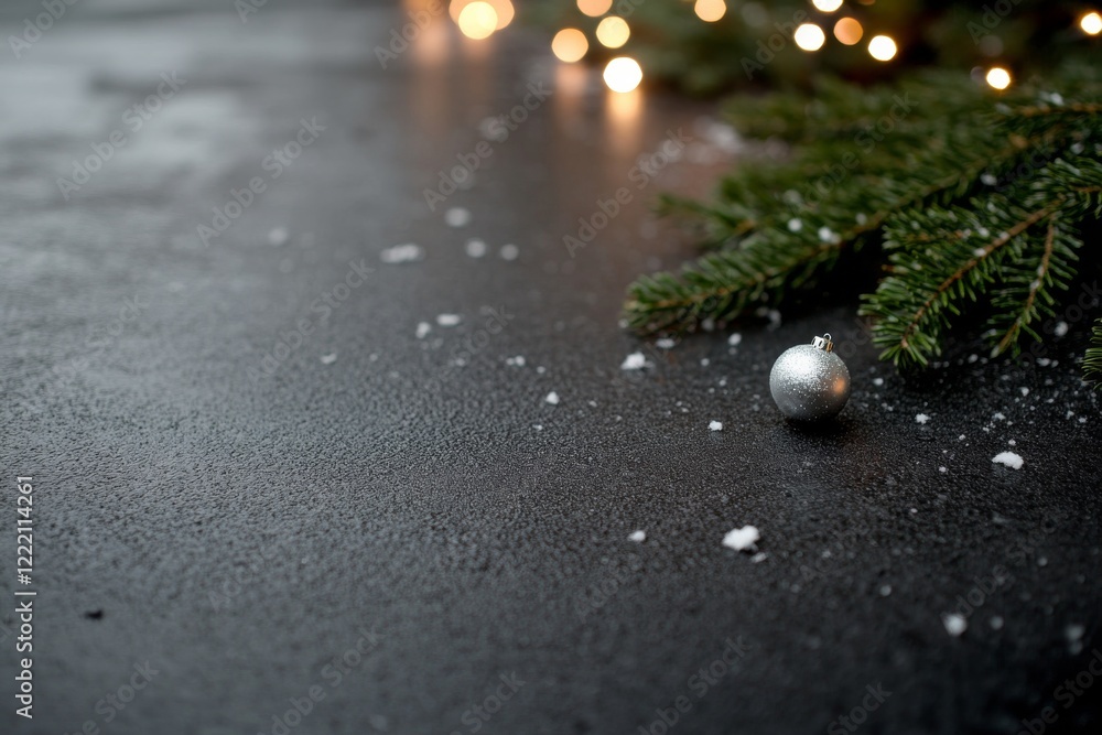 Poster A close-up view of a silver ornament glimmers on an evergreen branch, surrounded by soft glowing lights and a hint of snow, creating a festive atmosphere