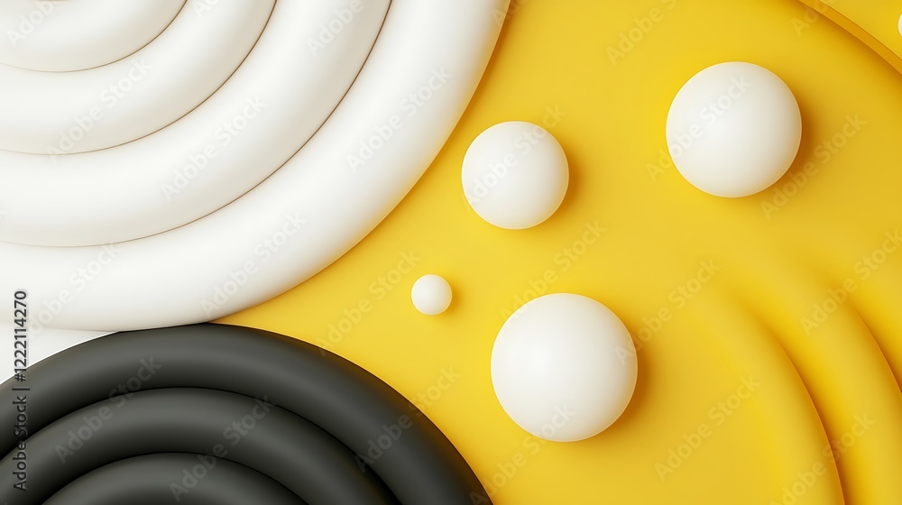 Poster abstract composition with yellow, black, and white circular shapes and textured patterns for modern 