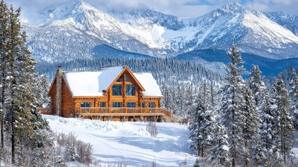 Fototapeta premium a wooden chalet surrounded by snowy mountains and pine trees.