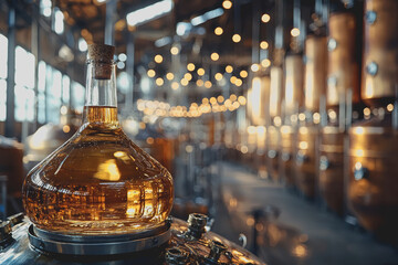 Distillery tour imagery showcasing a beautiful bottle of whiskey elegantly placed on a rustic metal table inviting enthusiasts to explore the art of whiskey-making and its rich heritage