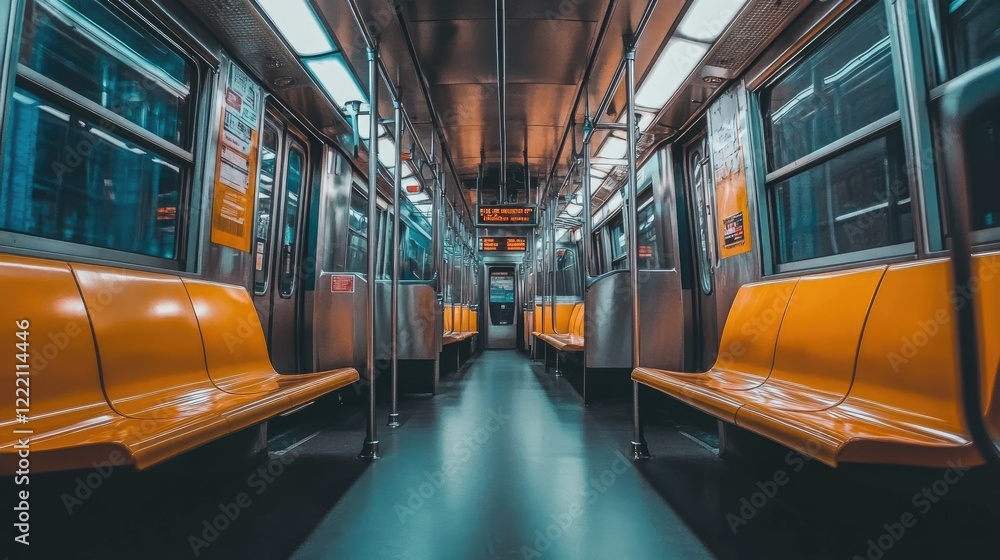 Poster an empty subway car with modern design and soft ambient lighting.