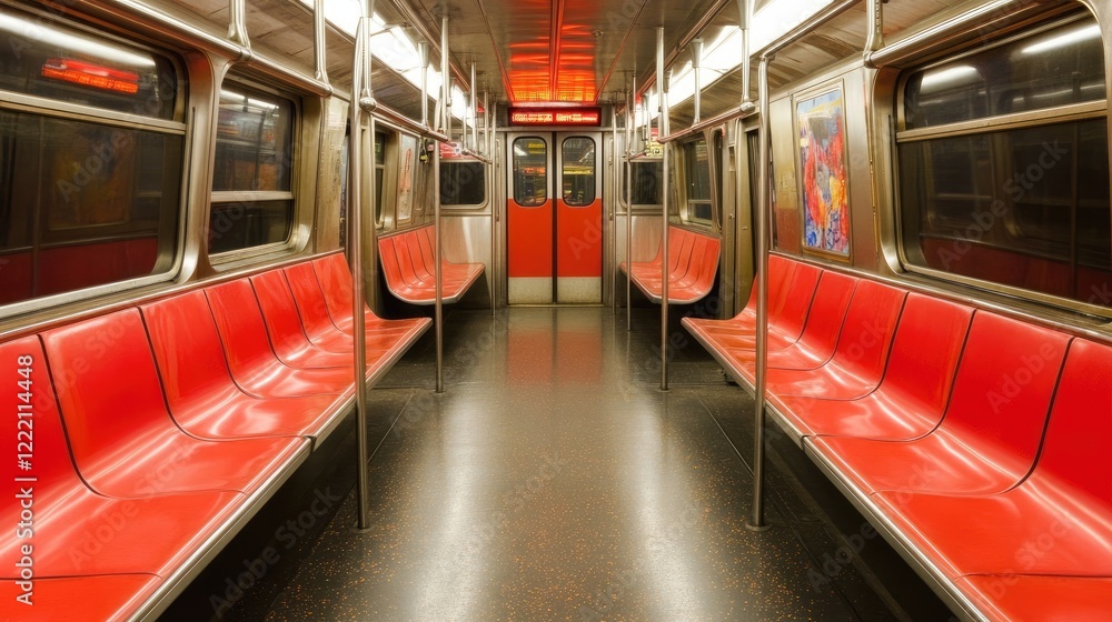 Poster an empty subway car with modern design and soft ambient lighting.