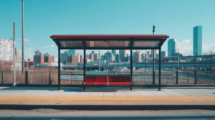 Fototapeta premium An empty urban bus stop with a city skyline in the background, awaiting passengers.