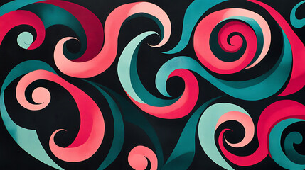 Fototapeta premium A modern abstract design of coral and teal spirals intertwined on a sleek black background creating a vibrant and harmonious pattern 