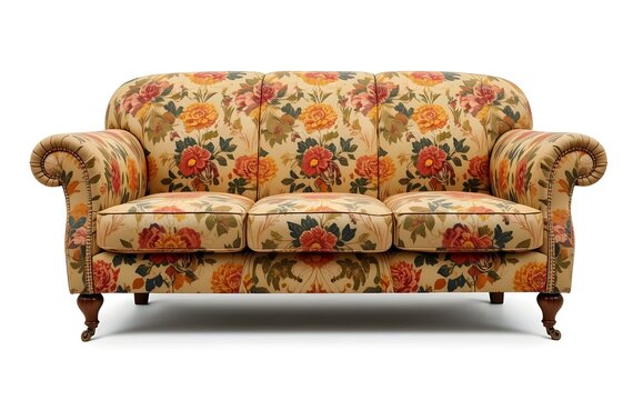 vintage 1960s 1970s tacky ugly flower patterned sofa couch, kitsch, bold, colorful, psychedelic, groovy, outdated, nostalgic, eccentric, loud, garish, patterned, paisley, mustard yellow, retro, green