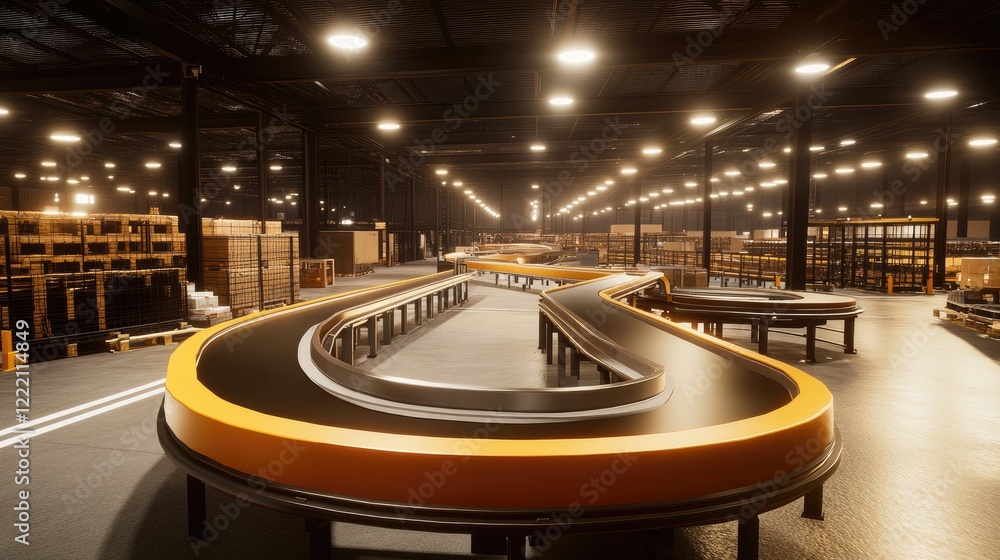 Aufkleber automated conveyor system running through an organized warehouse space.