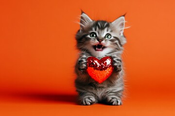 Norwegian forest - my cherished cat. Ad creative. Cute norwegian forest feline infant with sparkling rhinestones red heart - emblem of love, funny greeting card. Fluffy love animal. Cute pet.