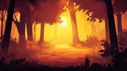 Golden Sunset Path Through A Forest Of Trees