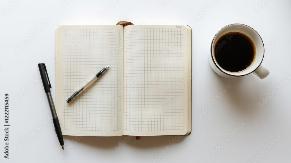 Aufkleber a clear workspace with an open notebook and financial projections on a white background, indicating 