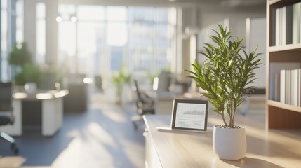 Fototapeta premium A clean workspace with financial reports and a tablet displaying market growth trends.