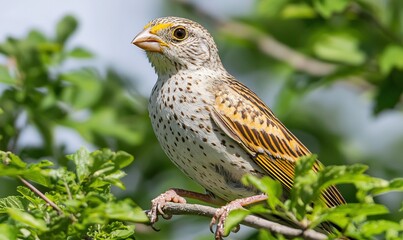 Spotted bird perched on branch with green leaves in spring