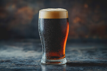 Frosted guinness pint glass filled with creamy dark beer on a wooden table showcasing rich colors frothy head and condensation perfect for enjoying a refreshing beverage with friends