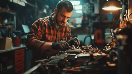 Mechanic repairs engine in workshop