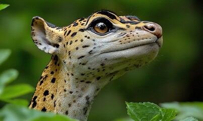 Spotted feline with large eyes peers from lush foliage in jungle habitat