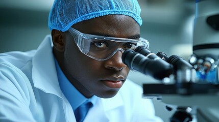 Focused Scientist Analyzing Samples Through Microscope in Laboratory Setting