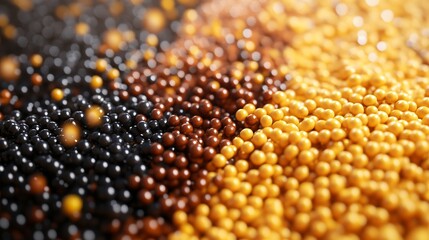 3D realistic mustard seeds in yellow, brown, and black.