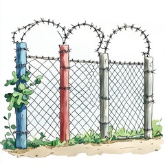 A chain link fence with barbed wire and three different colored posts, painted in blue, red, and grey, with small plants growing at the bottom.