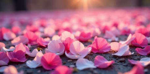 Pink and white petals scattered on the ground, pink and white flowers, landscape